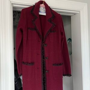 Burgundy Long Coat with Black Trim